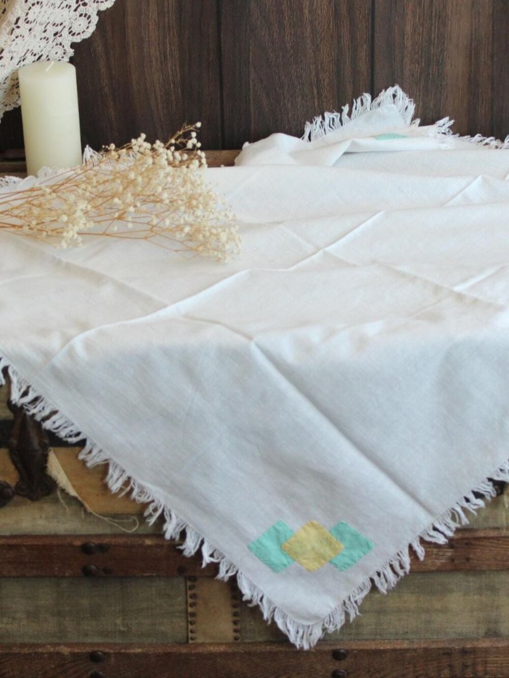 Vintage 1960s Tablecloth, 36 Inch Feedsack With Fringe and Cutwork, Cottage Core